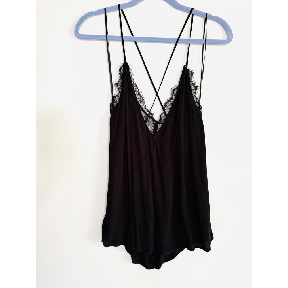 Silence + Noise Black Lace Trim Strappy Cami Top V-Neck Cross plunge Back Size M